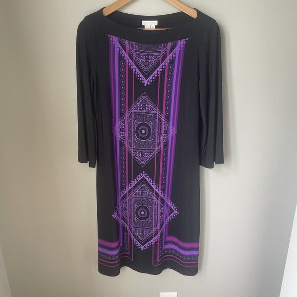 London Times Womens Size 10 Dress Purple Design Black 3/4 Sleeve Great Condition - Picture 1 of 6